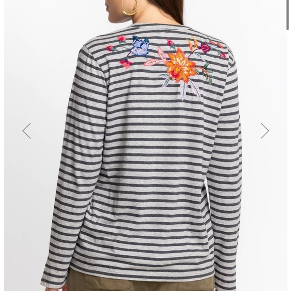 Johnny Was Sandra Split Jersey Striped Embroidered Long Sleeve Tee Small - Picture 5 of 13
